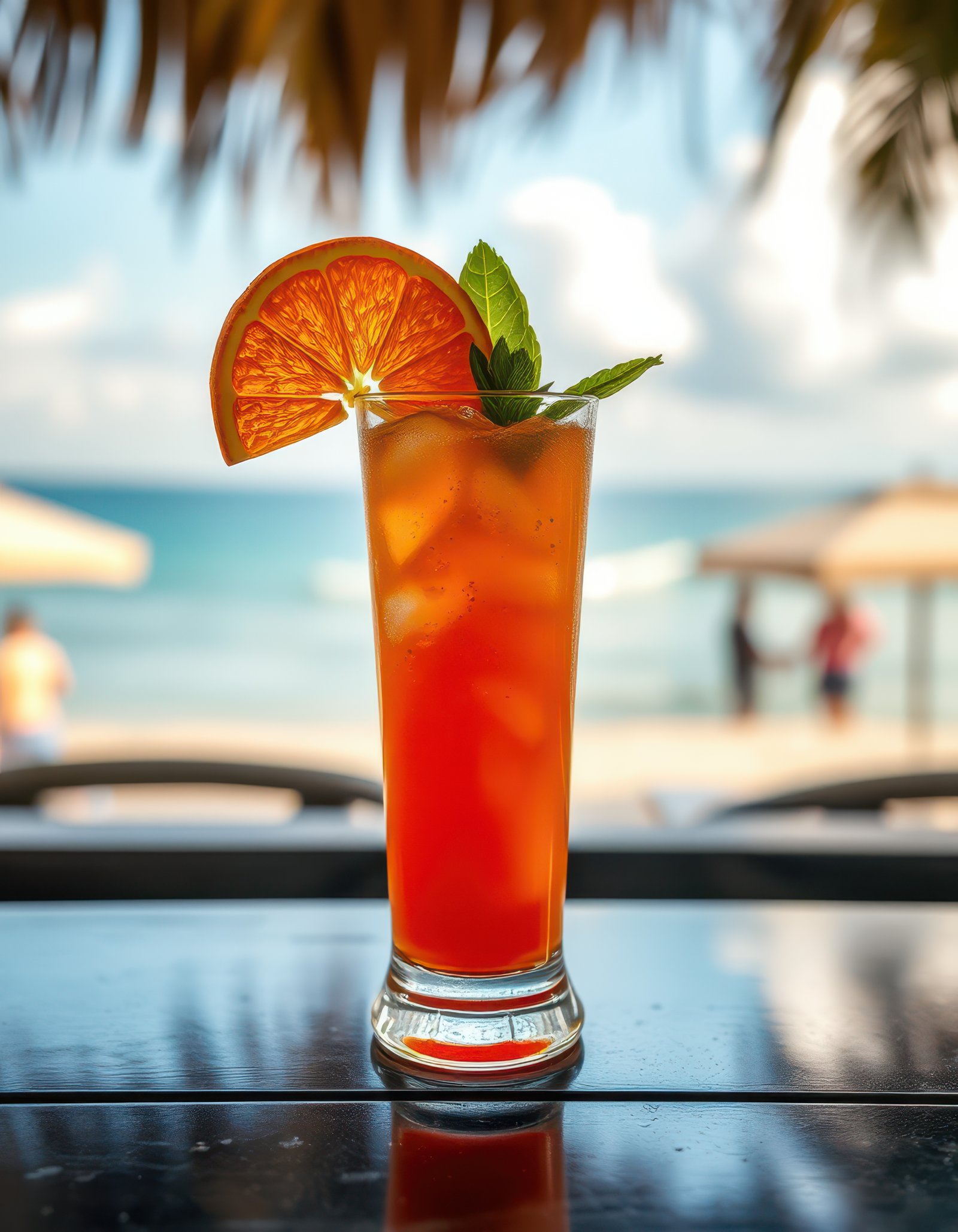 Refreshing cocktail with orange slice and mint by the beach during a sunny day